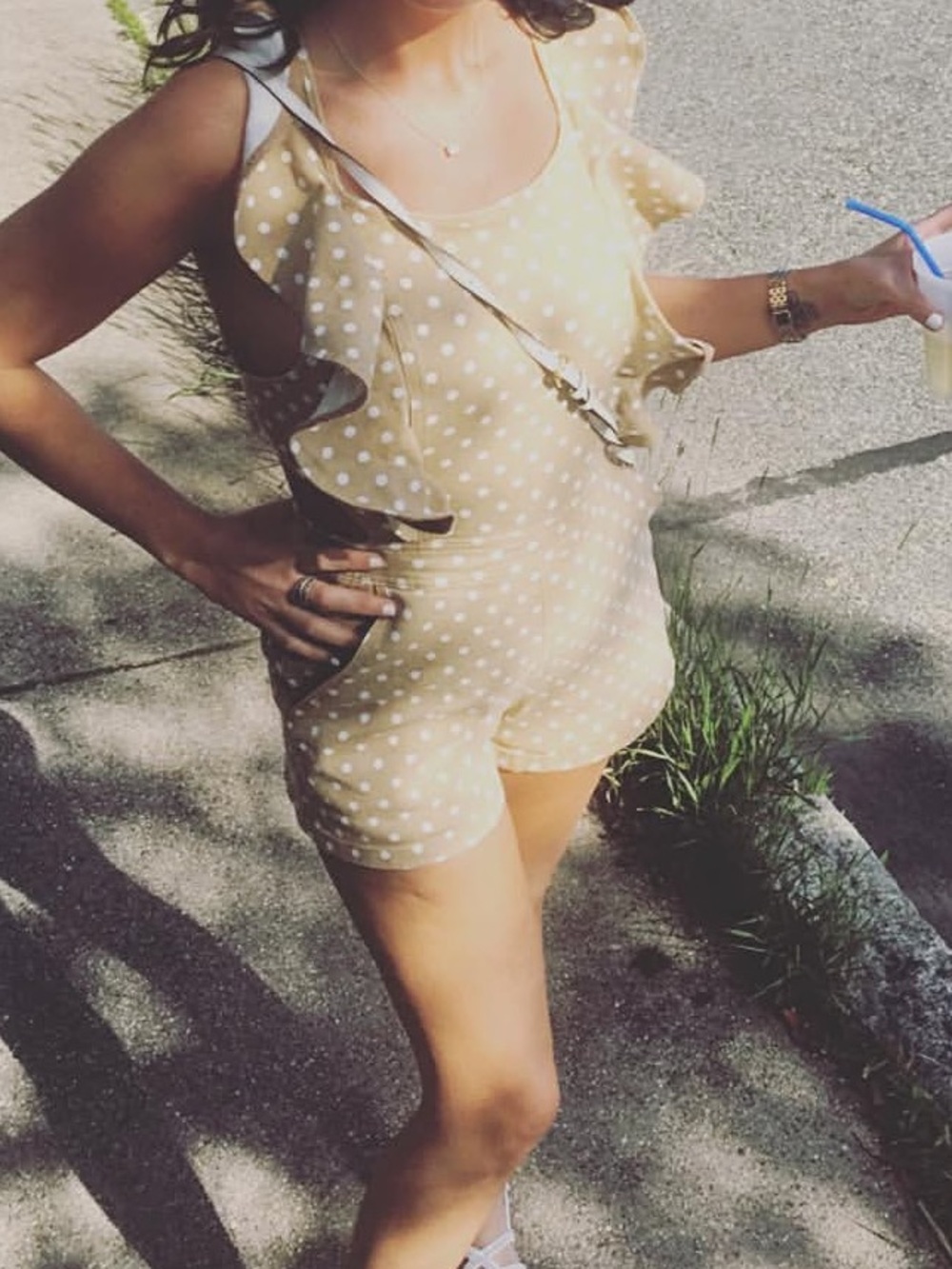 Fashion nova tan polkadot jean romper szs